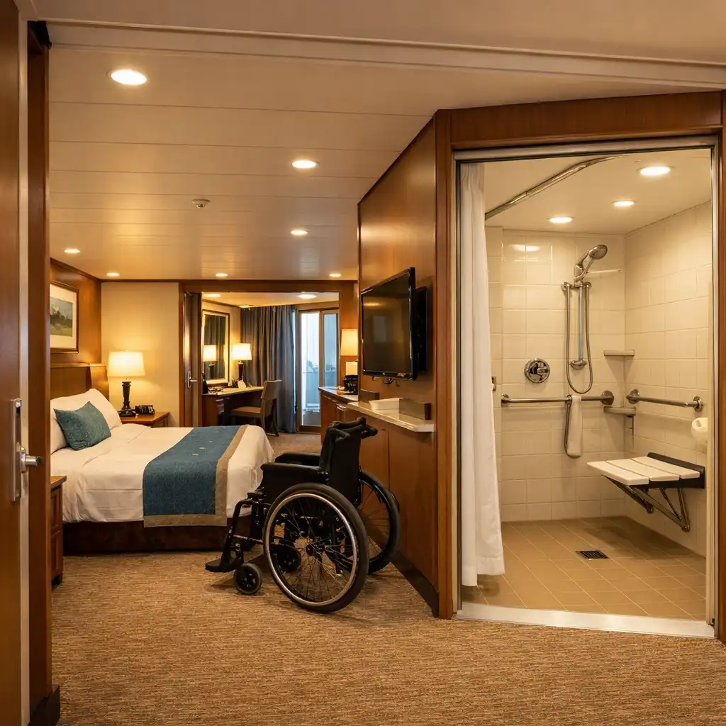 Interior view of a wheelchair-accessible cruise ship cabin with wide doorway, roll-in shower, and grab bars