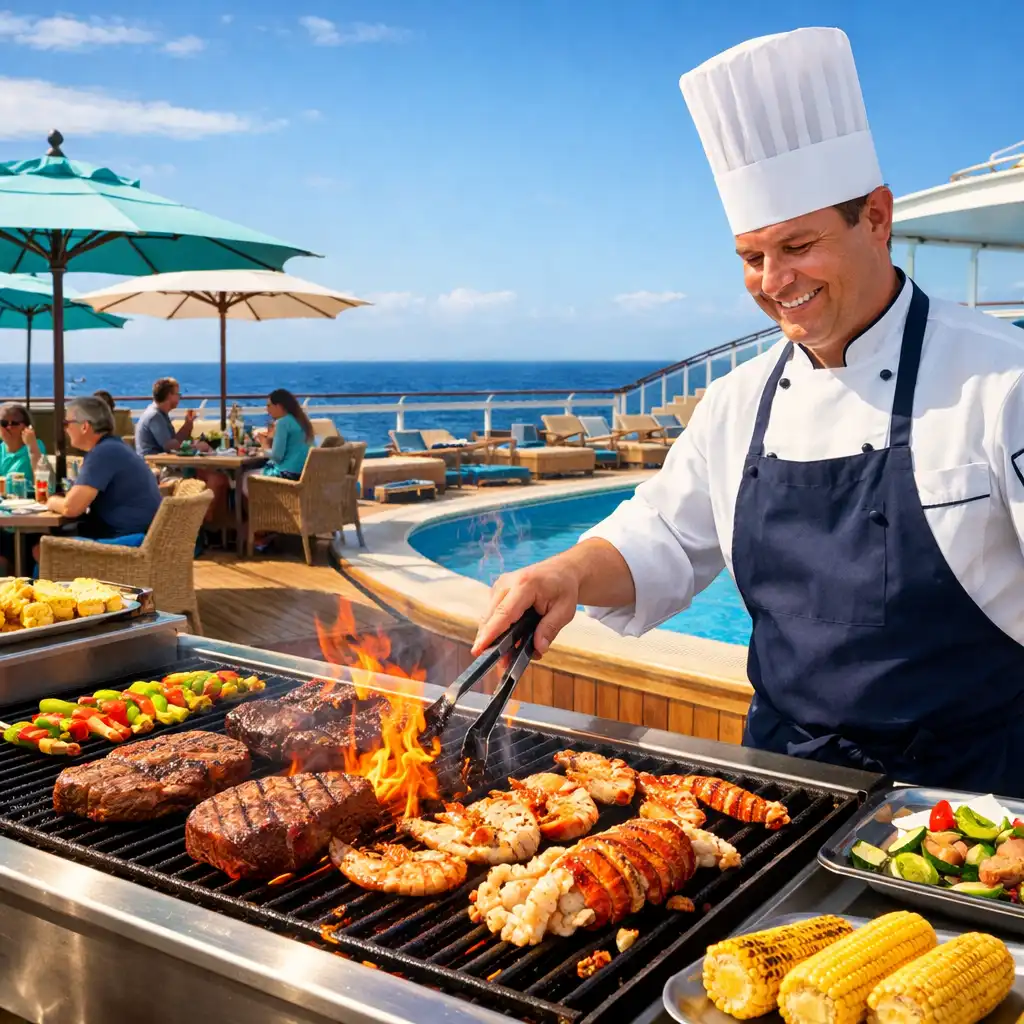 Outdoor poolside grill area with a chef grilling steaks and seafood