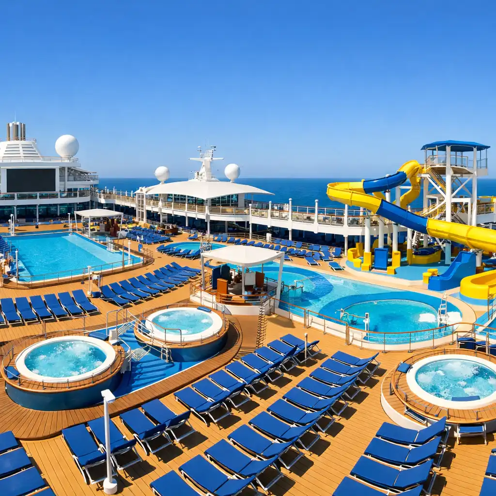 Panoramic view of a cruise ship top deck with pools, hot tubs, lounge chairs, and a water slide