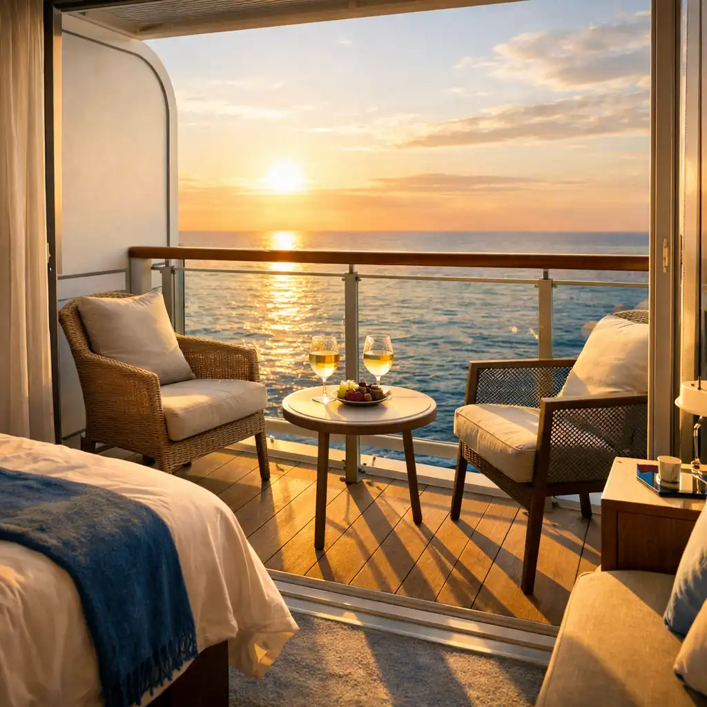 Bright cruise ship balcony cabin with a private balcony overlooking the ocean during golden hour