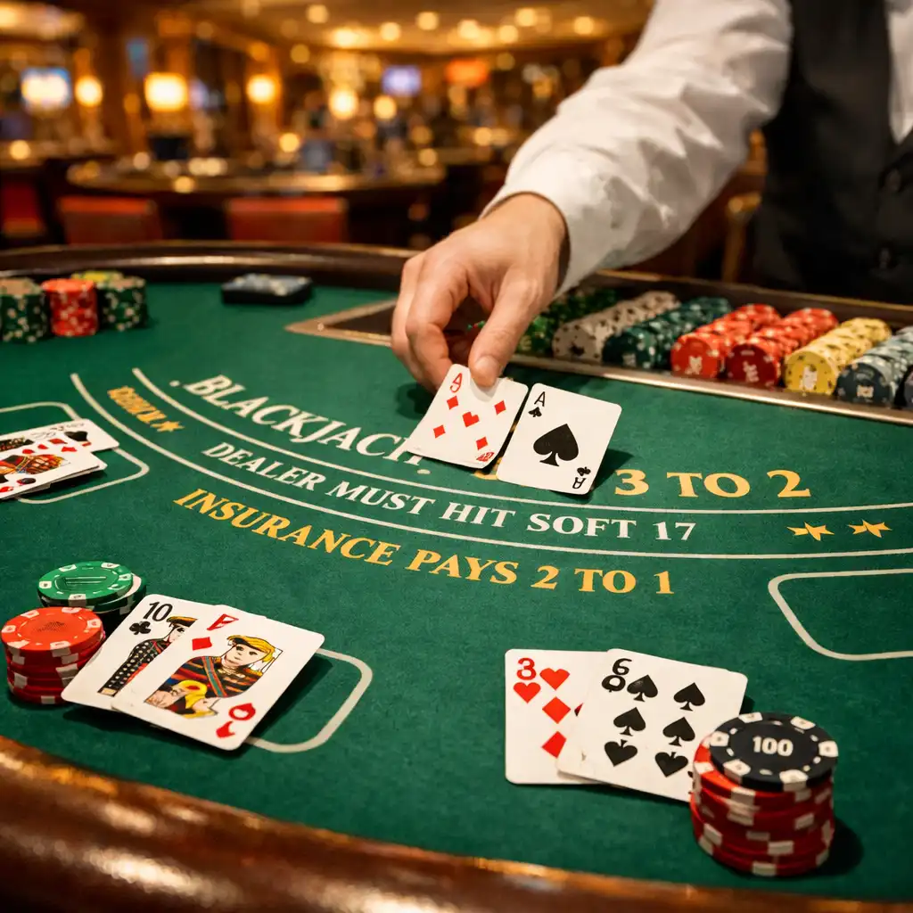 View of a blackjack table with cards being dealt and chips stacked in front of players