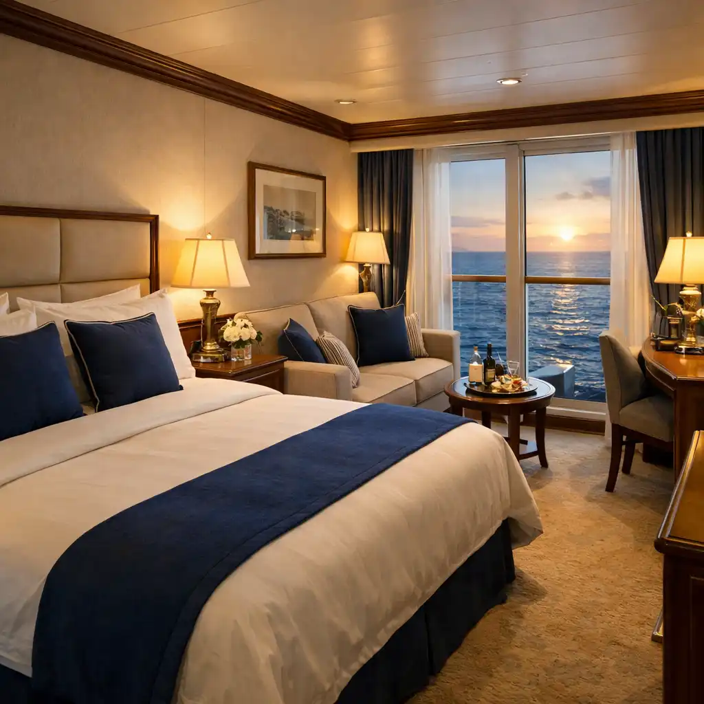 Luxurious cruise ship cabin interior with a comfortable bed and ocean view window