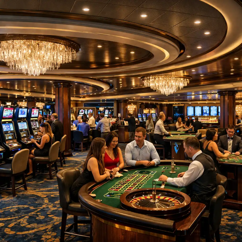Wide view of a cruise ship casino with slot machines, table games, elegant decor, and subdued lighting