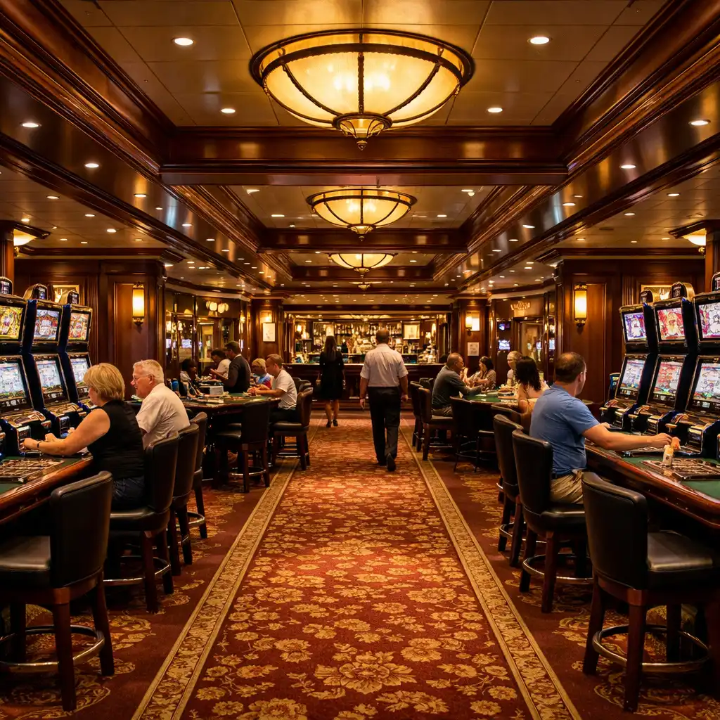 Elegant cruise ship casino interior with rows of slot machines and gaming tables under warm ambient lighting