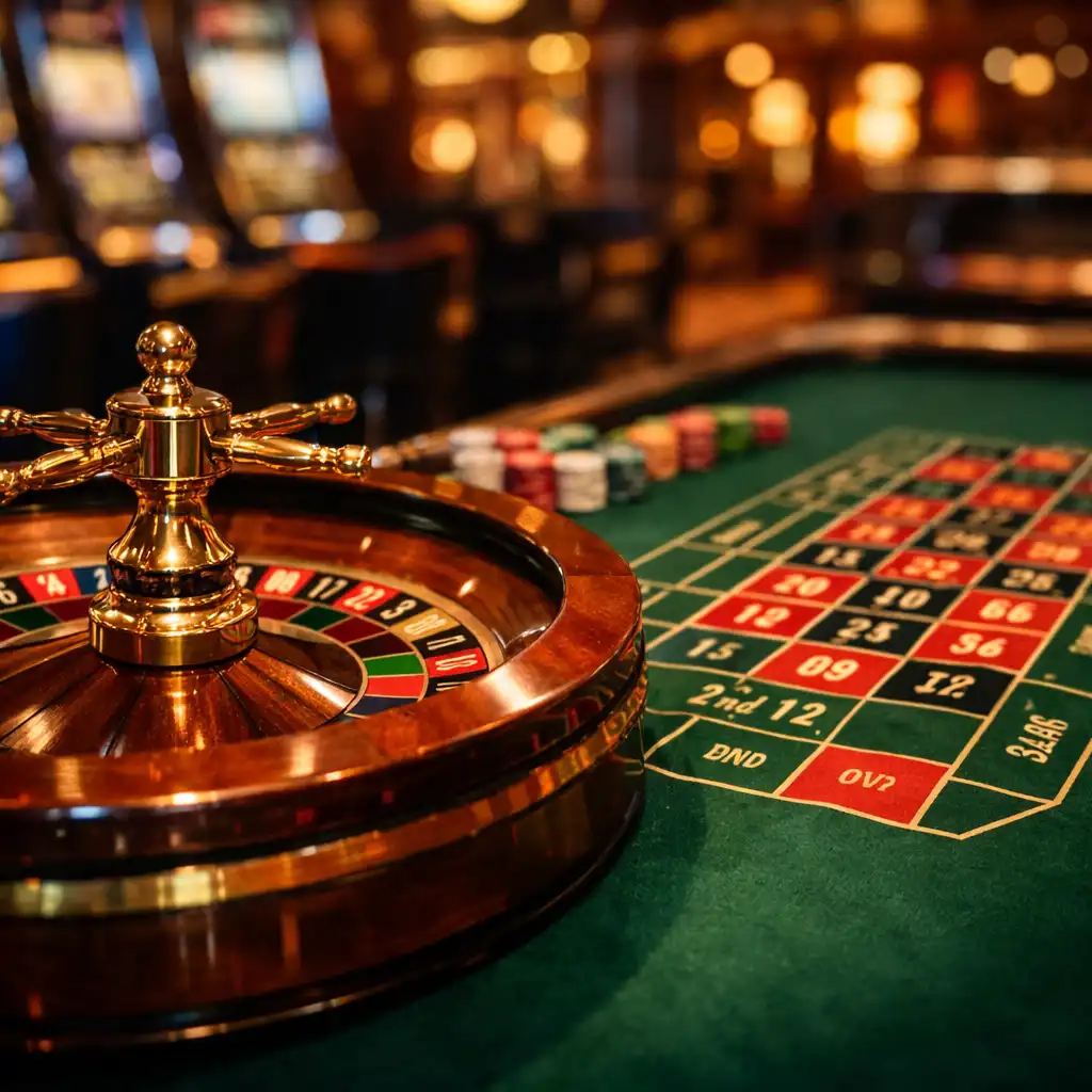 Close-up of a roulette table with polished wooden rim and colorful betting layout in a cruise ship casino