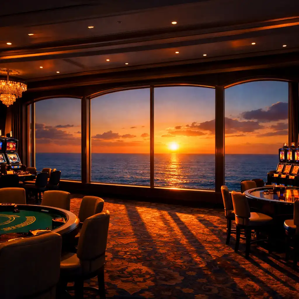 Wide view of a cruise ship casino with large windows offering an ocean view at sunset