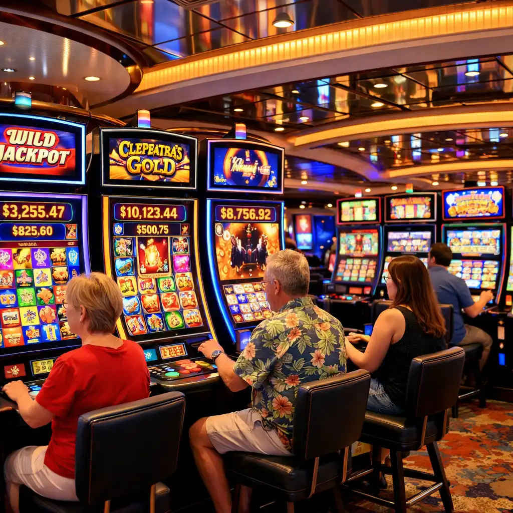 Row of modern slot machines with colorful screens and flashing lights in a cruise ship casino