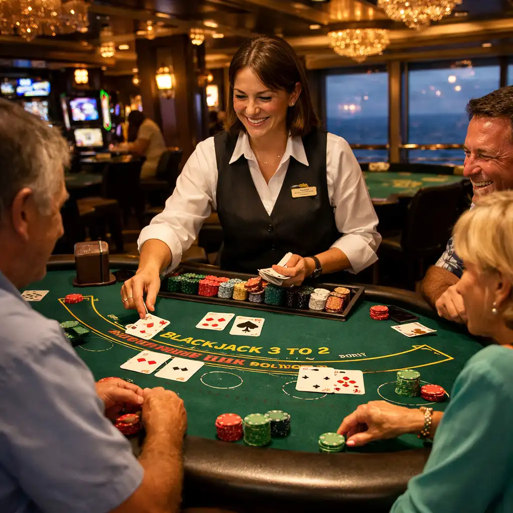 Blackjack table with a dealer and players, green felt, cards, and chips under warm lighting