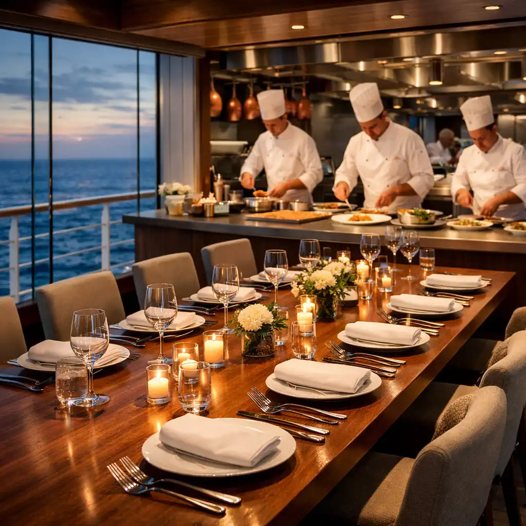 Intimate chef's table setting with a long wooden table and open kitchen