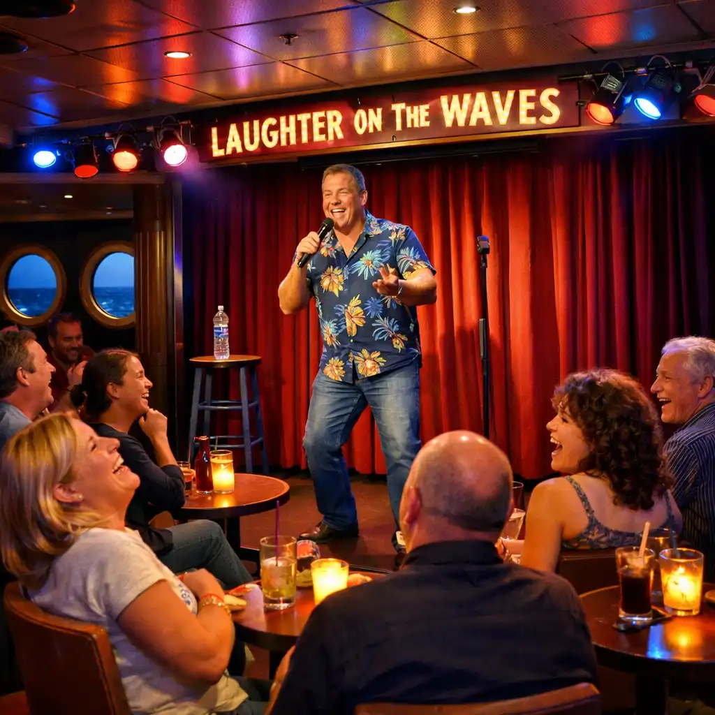 Comedy club on a cruise ship with a comedian on stage, colorful lighting, and a laughing audience
