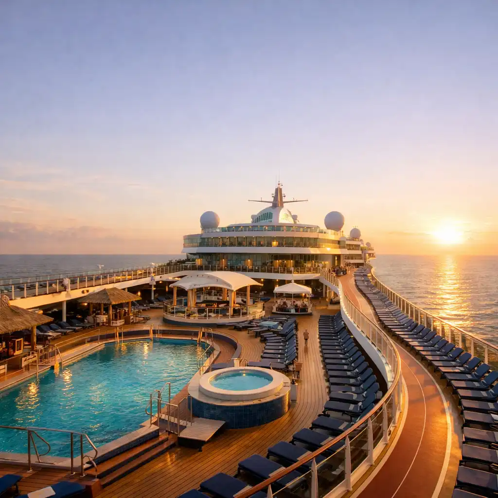 Panoramic view of a modern cruise ship top deck at golden hour with pools and loungers