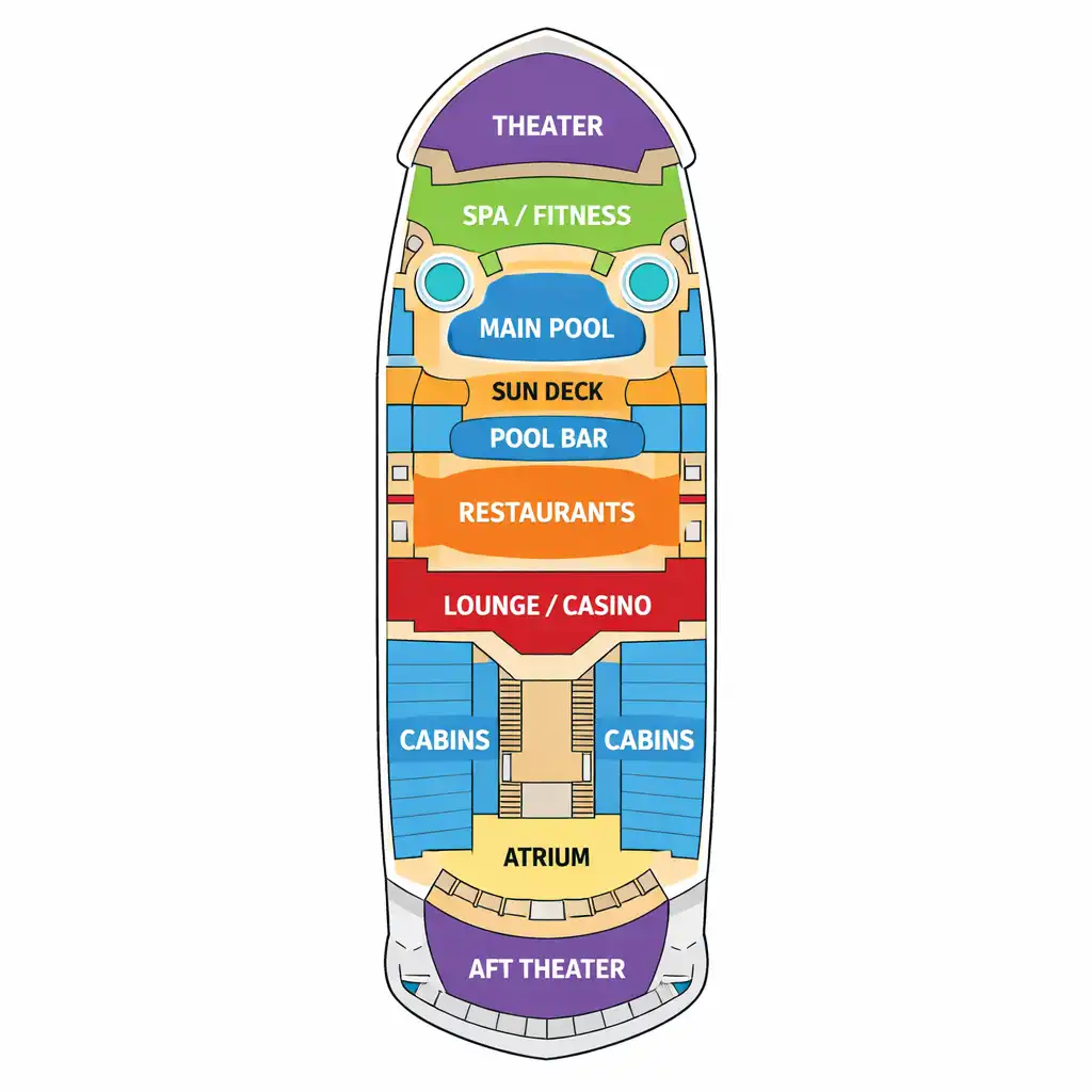 Top-down view of a cruise ship deck plan showing pools, restaurants, theaters, and cabins
