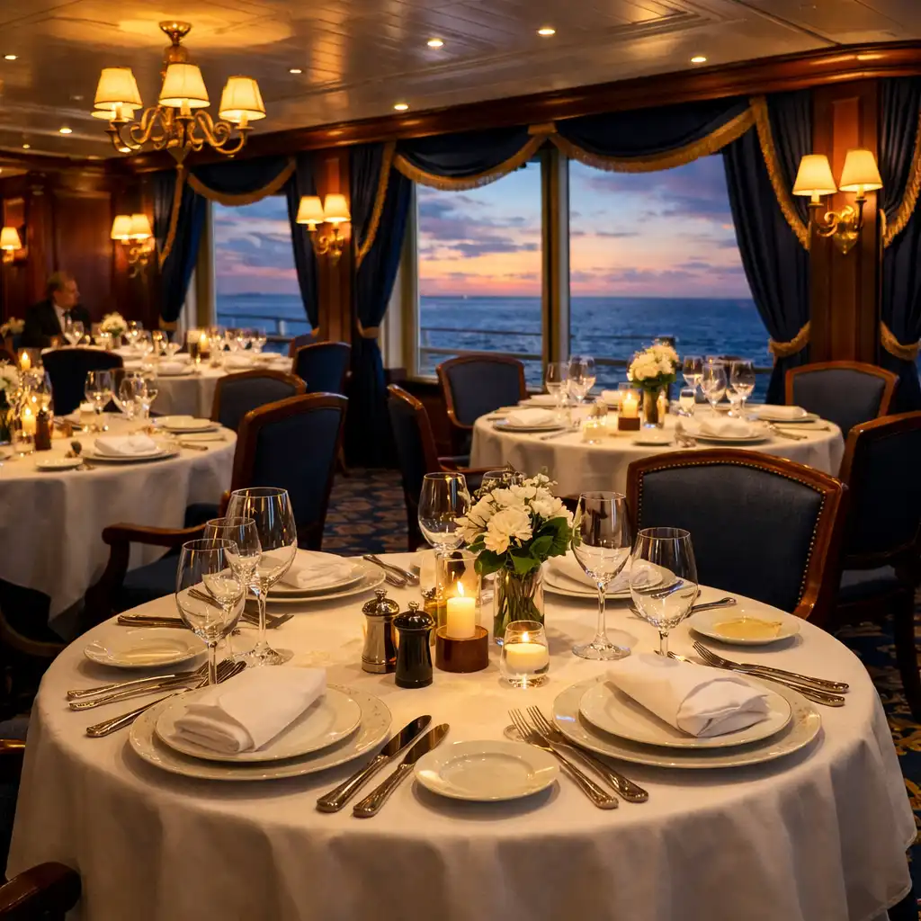 Elegant cruise ship restaurant with white tablecloths and ocean views
