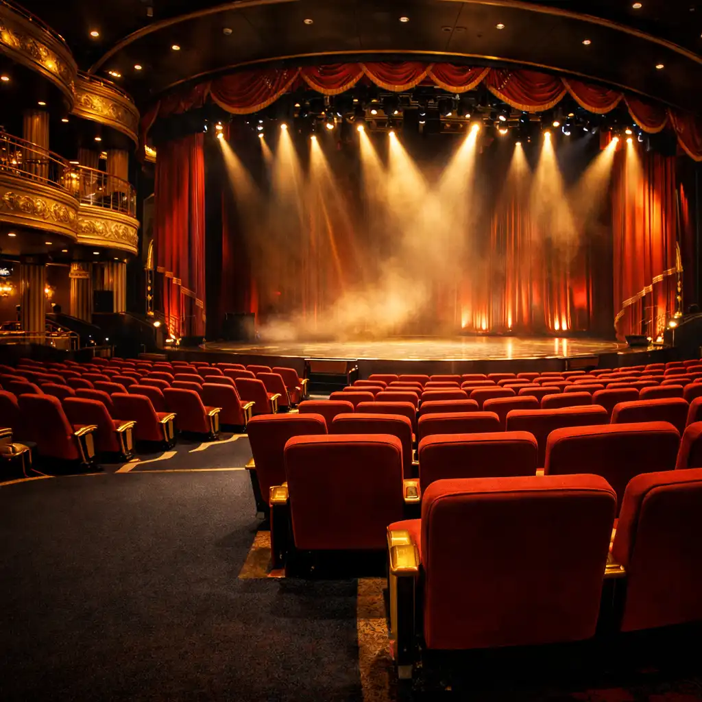 Grand cruise ship theatre with plush red seats, ornate gold accents, and a large stage under dramatic lighting