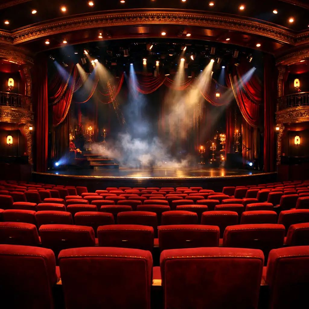 Grand cruise ship theatre with plush red seats and a large stage