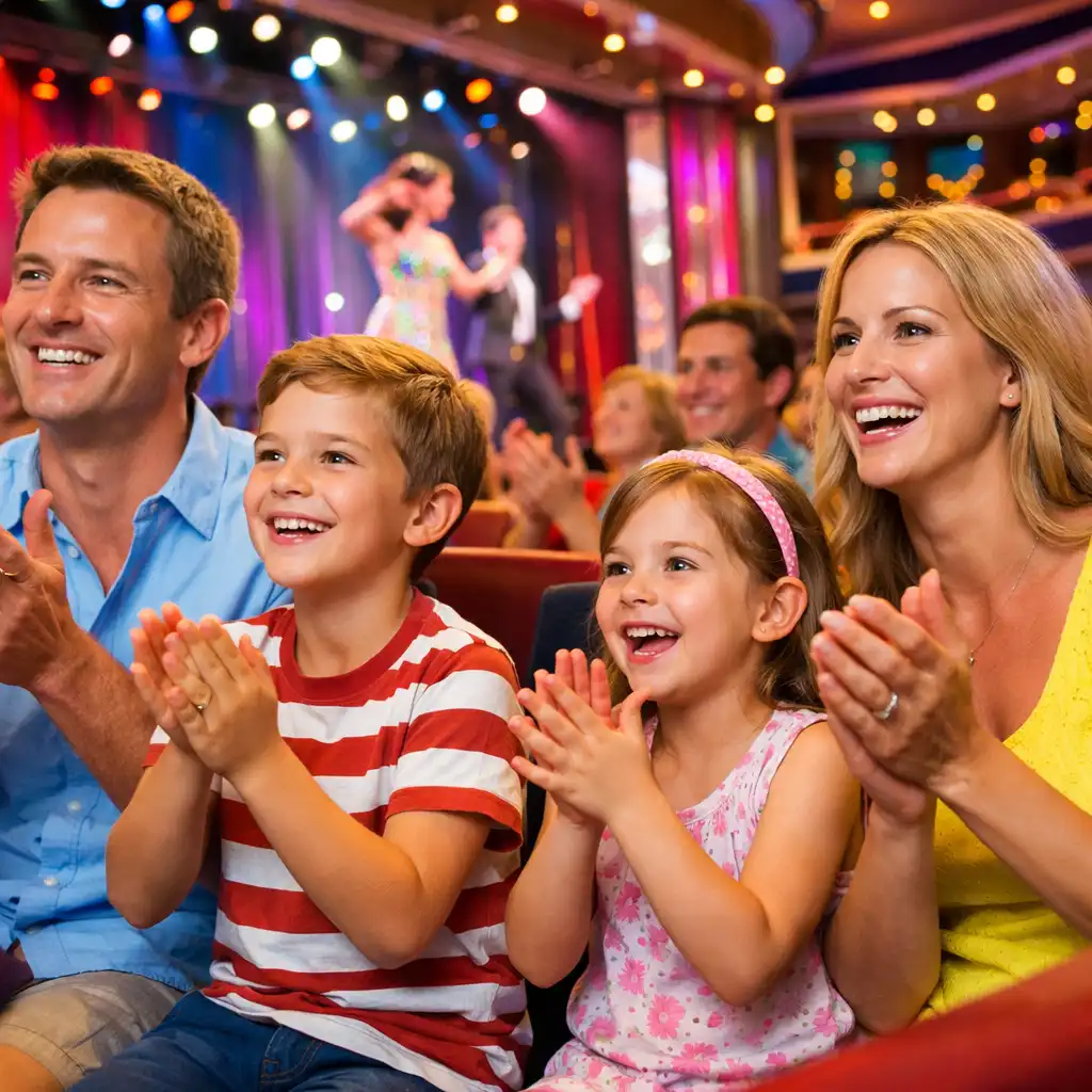 Family enjoying a bright and colorful show on a cruise ship, with children and parents smiling and clapping