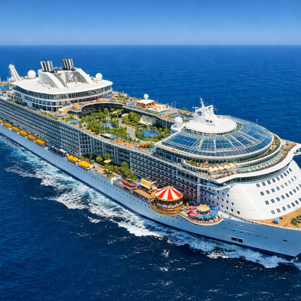 Oasis of the Seas mega-ship with distinct neighbourhoods and a boardwalk