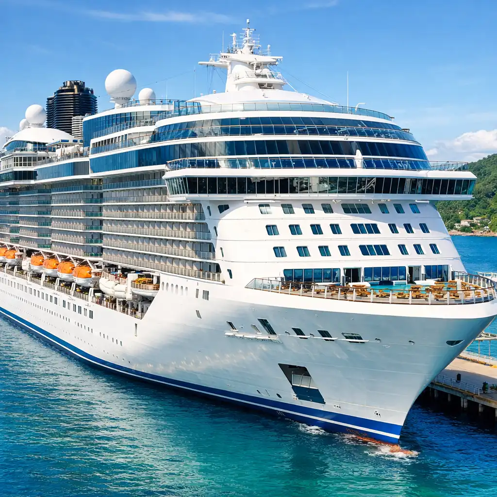 The Queen of the Seas docked at a tropical port with clear blue water