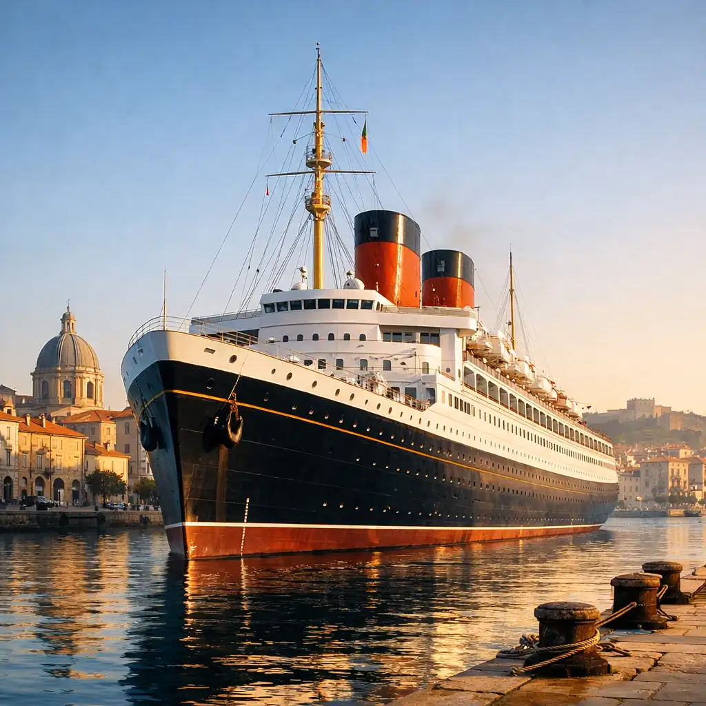 Queen Victoria ocean liner docked in a picturesque port