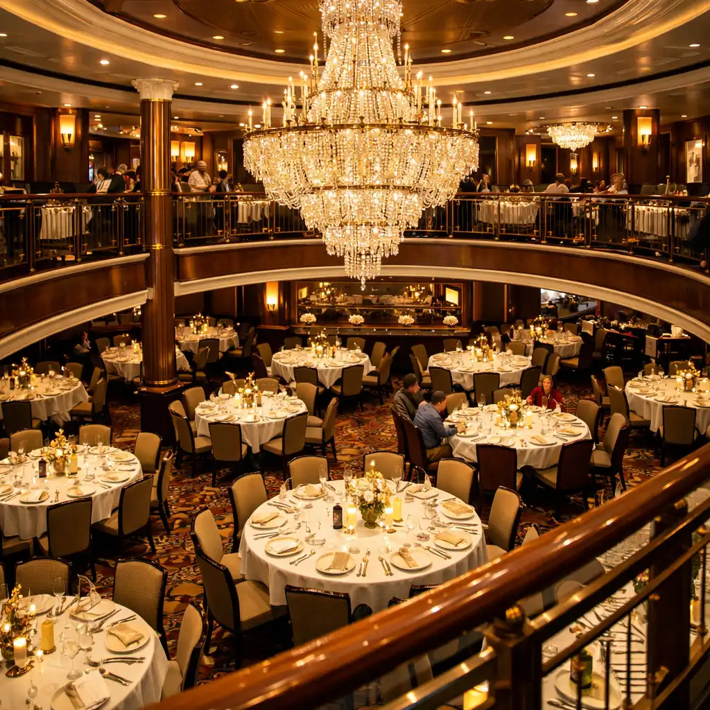 Upscale cruise ship main dining room with a two-story ceiling and large crystal chandelier