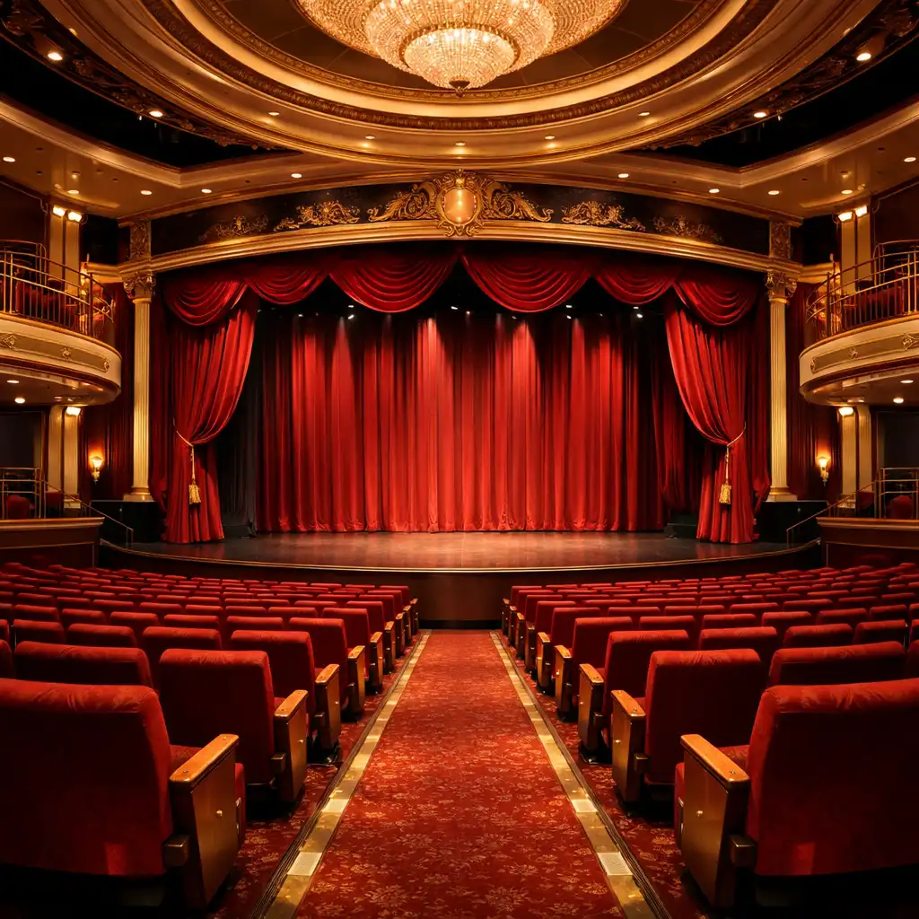 Empty cruise ship theatre with elegant decor, proscenium stage, red velvet curtains, and ornate ceiling details