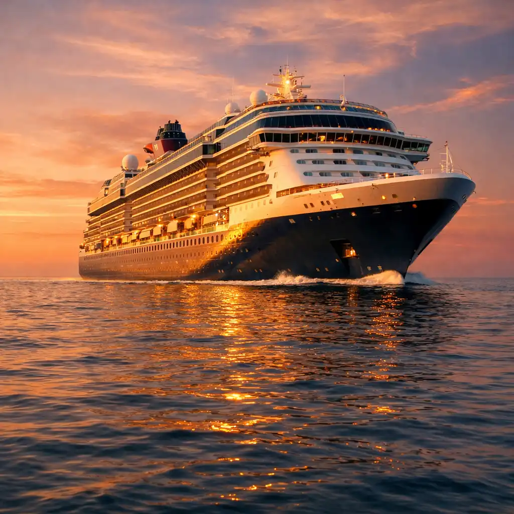 A majestic cruise ship sailing on calm ocean waters during golden hour