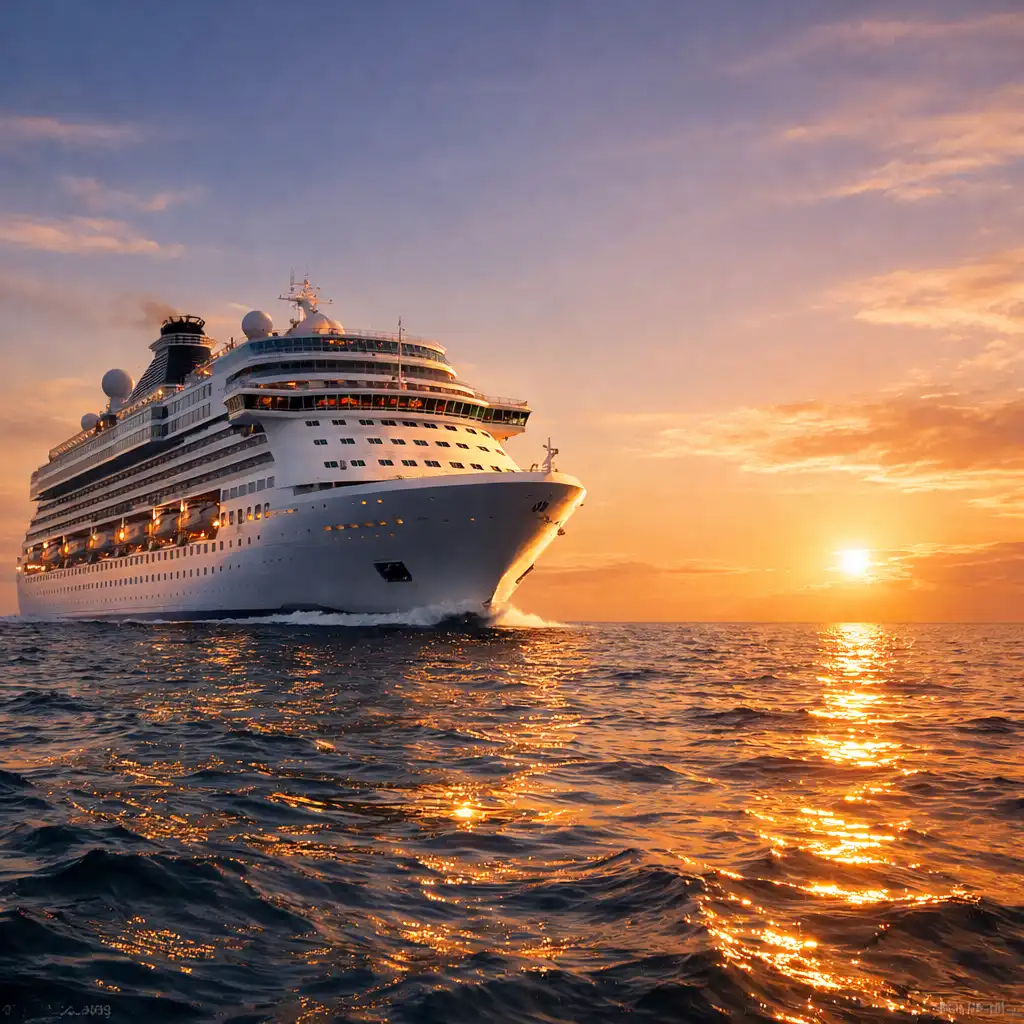 A majestic cruise ship sailing on calm deep blue ocean waters at golden hour