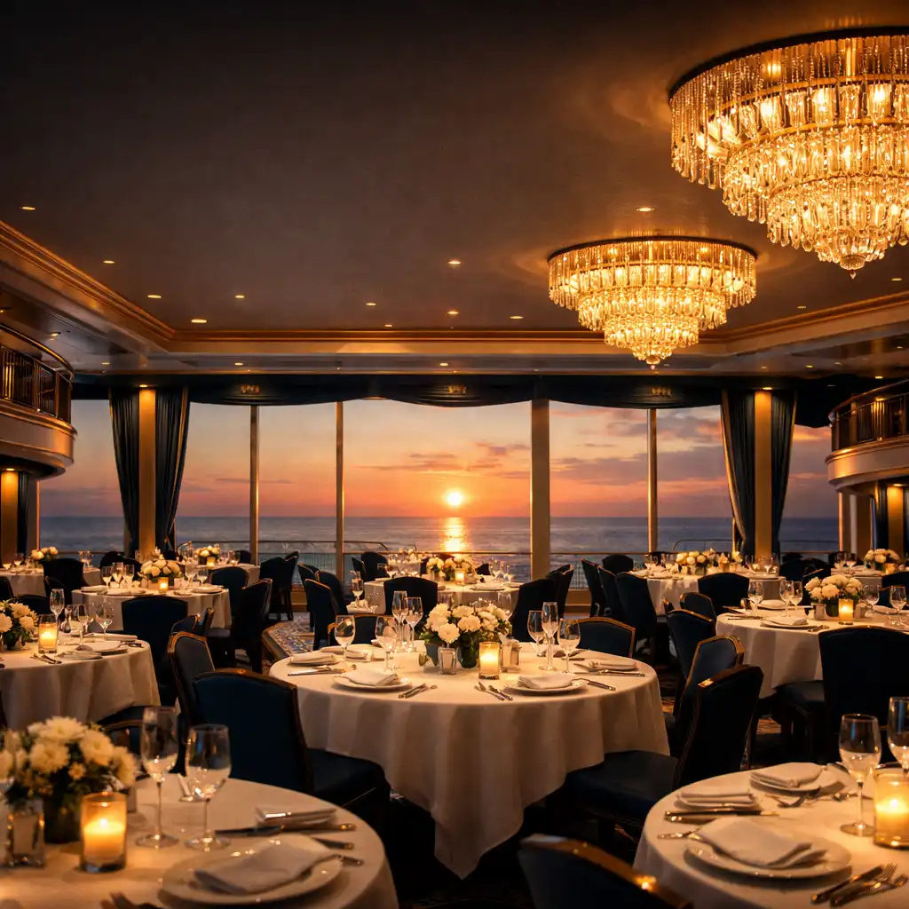 Grand cruise ship dining room with floor-to-ceiling windows overlooking a calm ocean at sunset