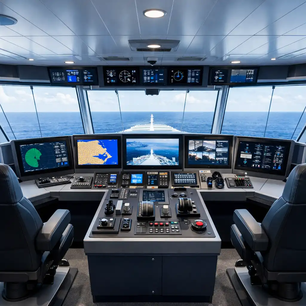 Modern cruise ship bridge with advanced navigation equipment and panoramic ocean view