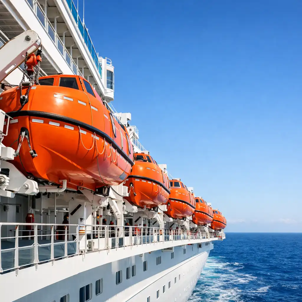 Row of orange lifeboats mounted on the side of a white cruise ship with ocean in the background