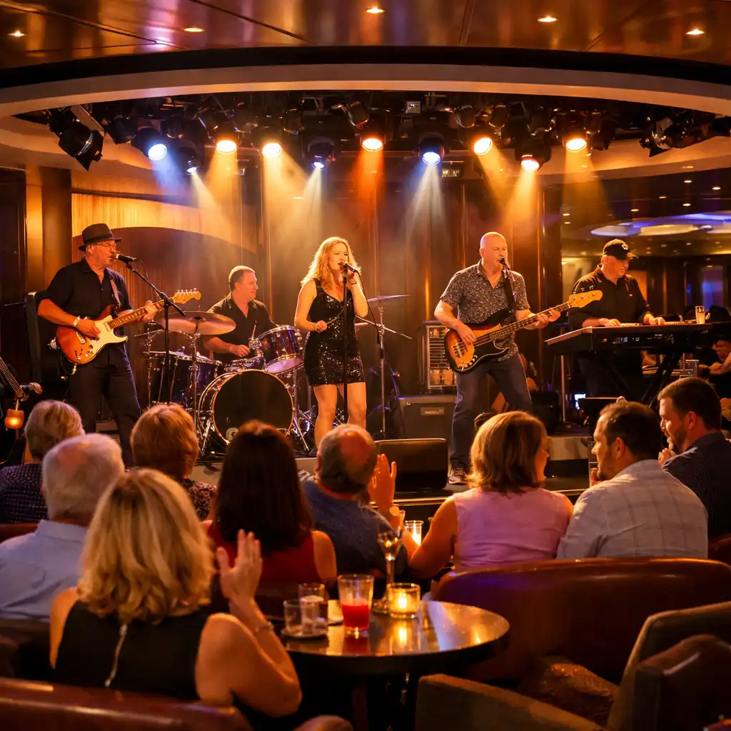 Live band performing on a stage in a cruise ship lounge with warm lighting and an engaged crowd