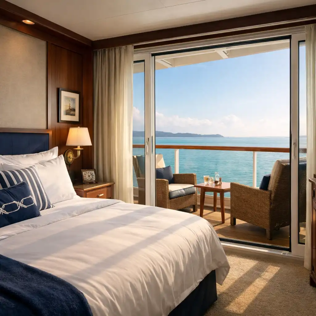 Luxury cruise ship balcony cabin with floor-to-ceiling glass doors open to a private balcony overlooking a calm turquoise sea