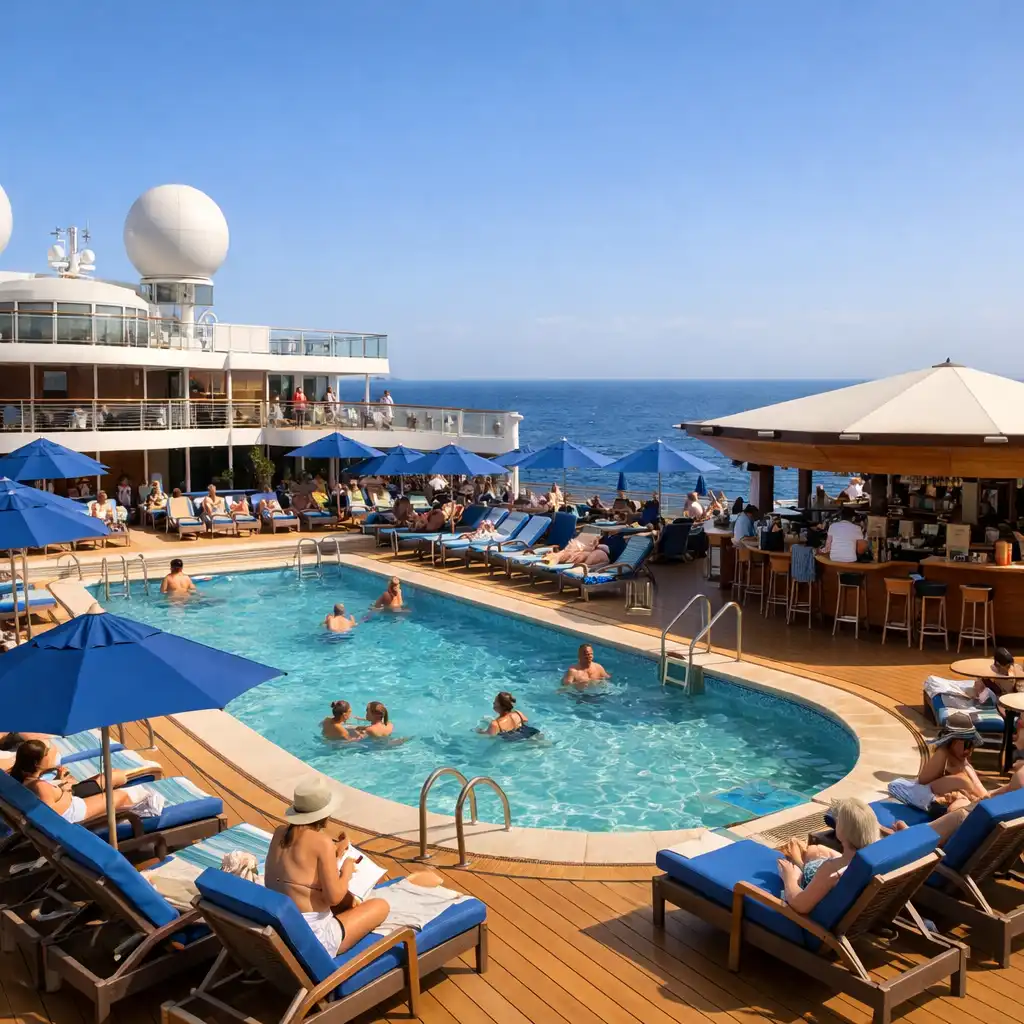 Spacious outdoor pool deck with swimming pool, loungers, blue umbrellas, and a bar area overlooking the ocean
