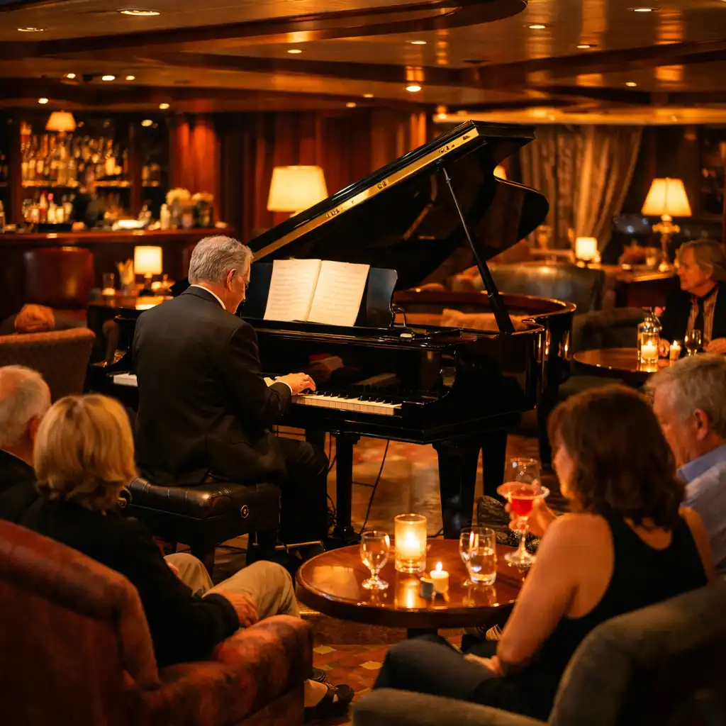 Intimate piano bar with a grand piano, plush seating, and warm lighting