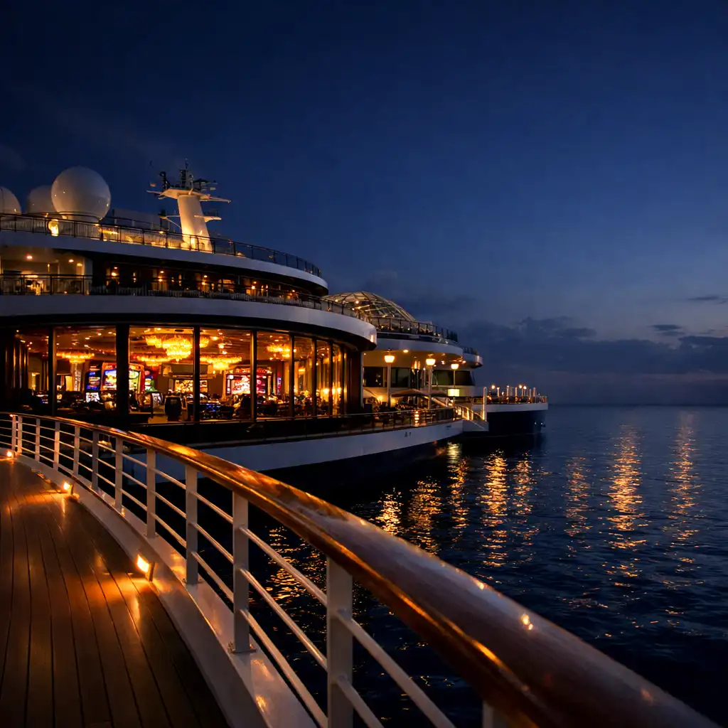Luxury cruise ship deck at dusk with warm lights glowing from the casino windows and calm ocean reflecting the light