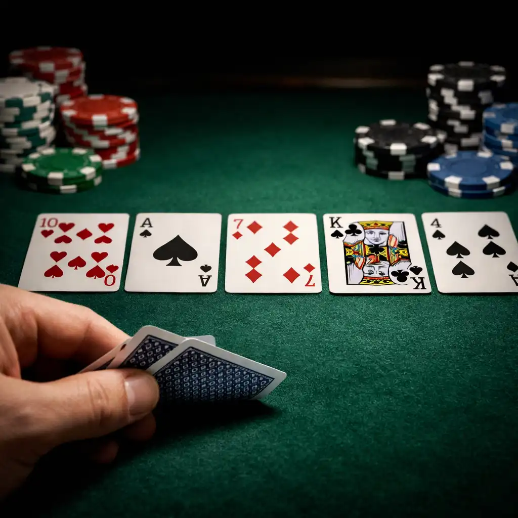 Close-up of a poker hand in progress with two hole cards, community cards, and neatly stacked chips on a dark table