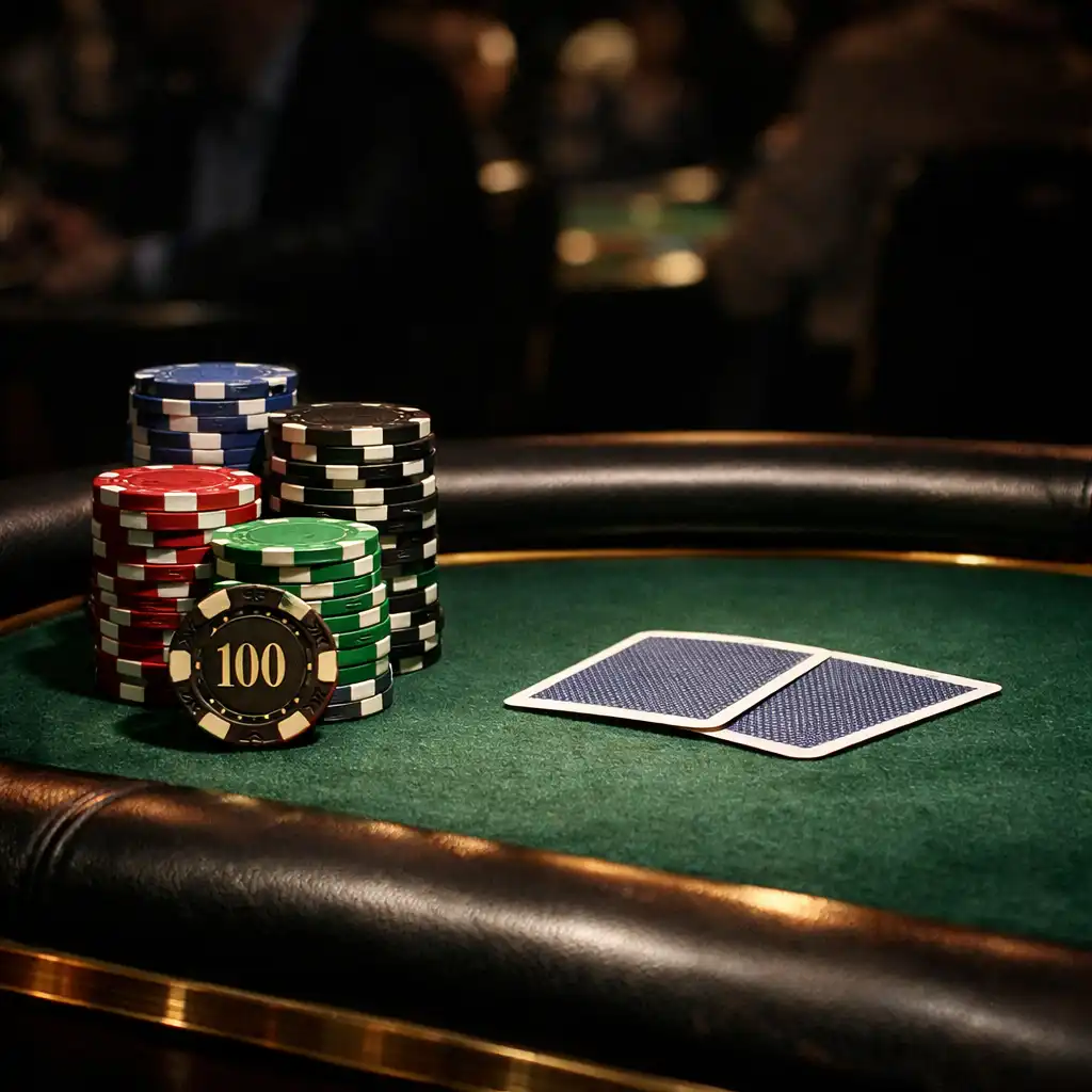Close-up of a poker table with colorful chips and playing cards under focused lighting