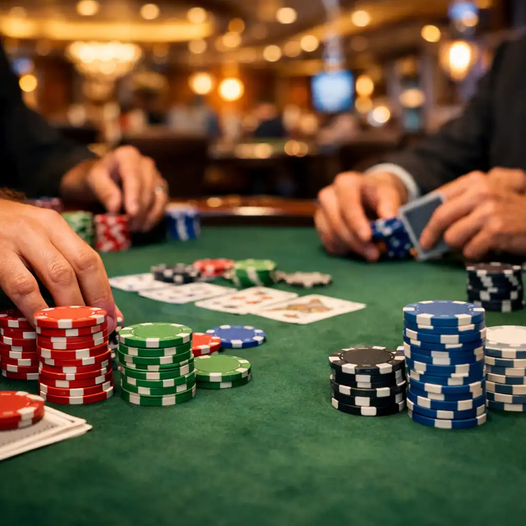 Close-up of a poker table on a cruise ship with players' hands and colourful chips on green felt