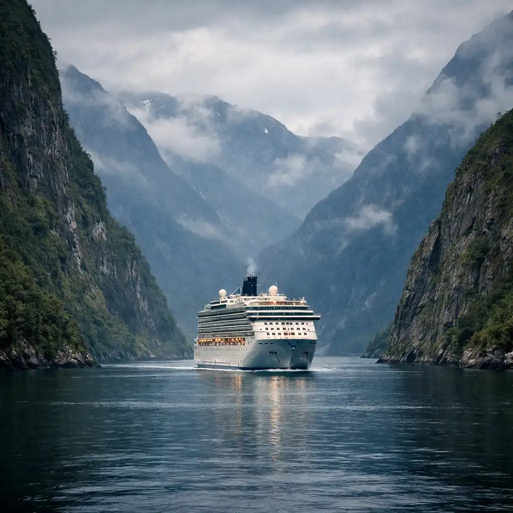A cruise ship sailing through a fjord with steep cliffs