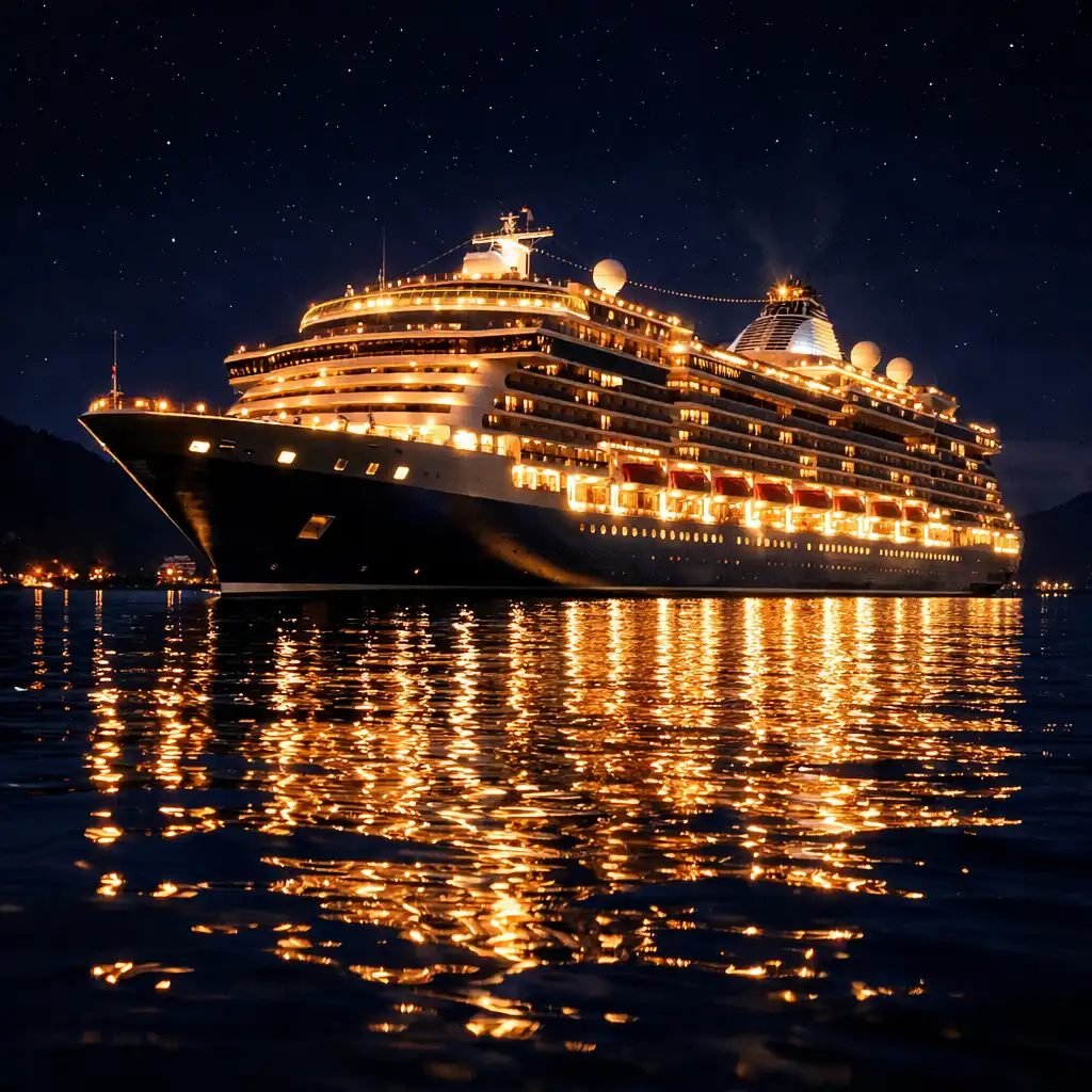 A luxury cruise ship at night illuminated with thousands of lights