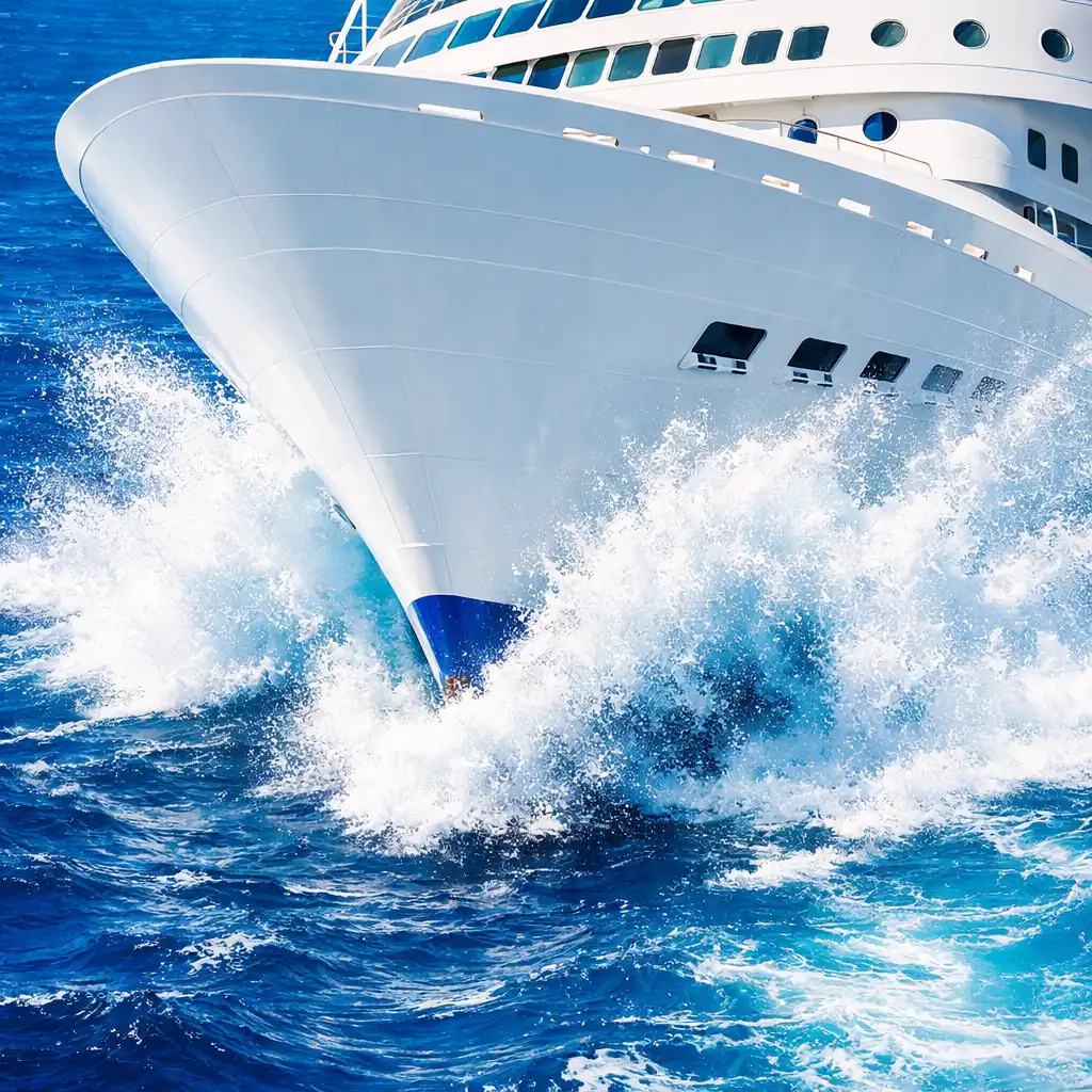 A close-up of a cruise ship's bow cutting through blue ocean water