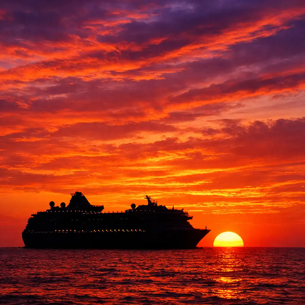A cruise ship sailing at sunset with a dramatic orange and pink sky