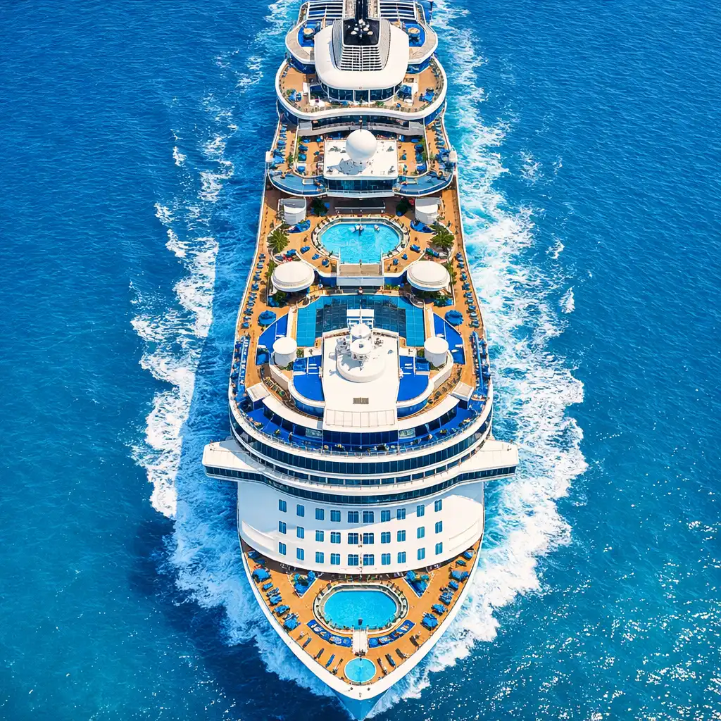 An aerial view of a cruise ship at sea showing full length and multiple pools