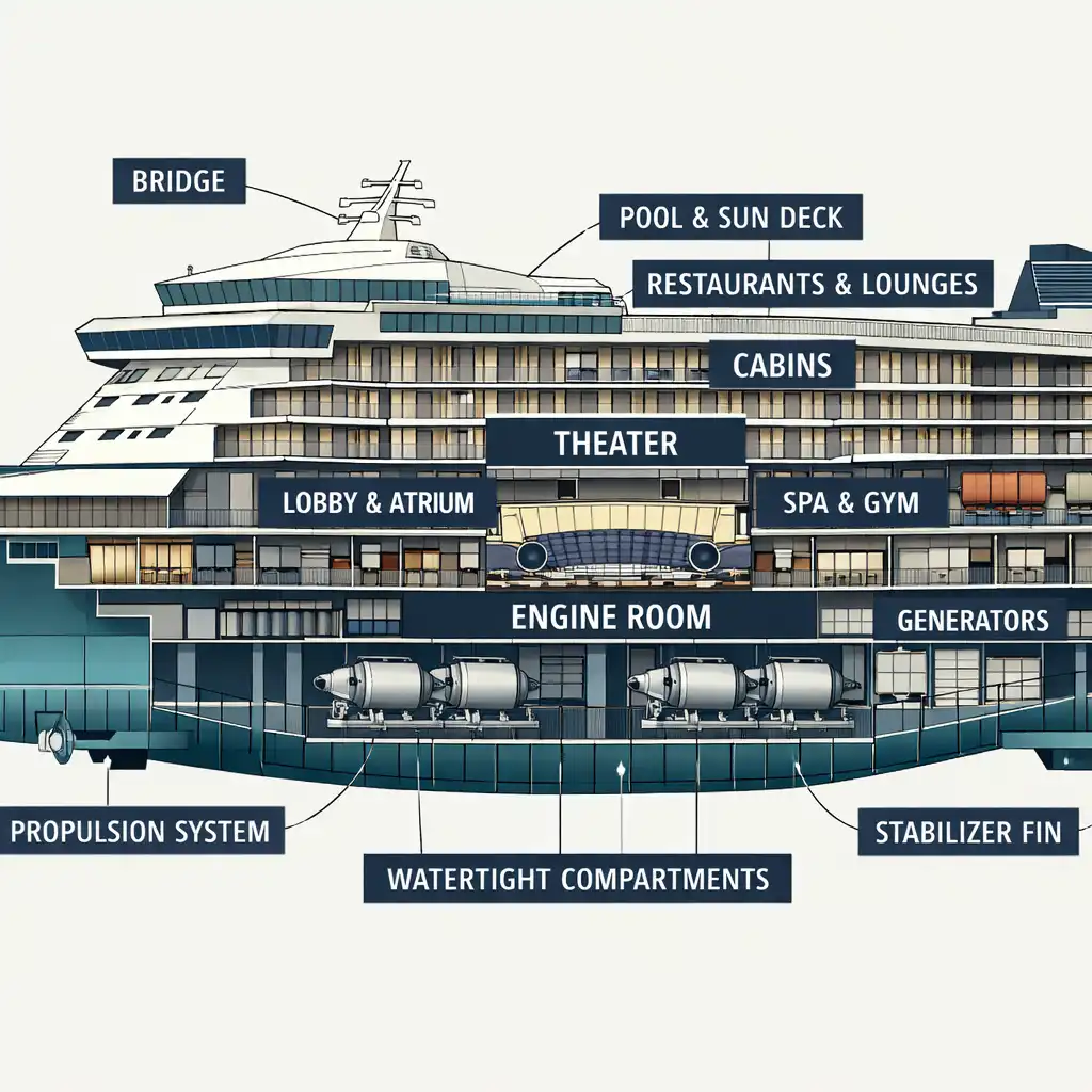 Technical cross-section diagram of a cruise ship showing decks, watertight compartments, engine room, and stabilizer fins