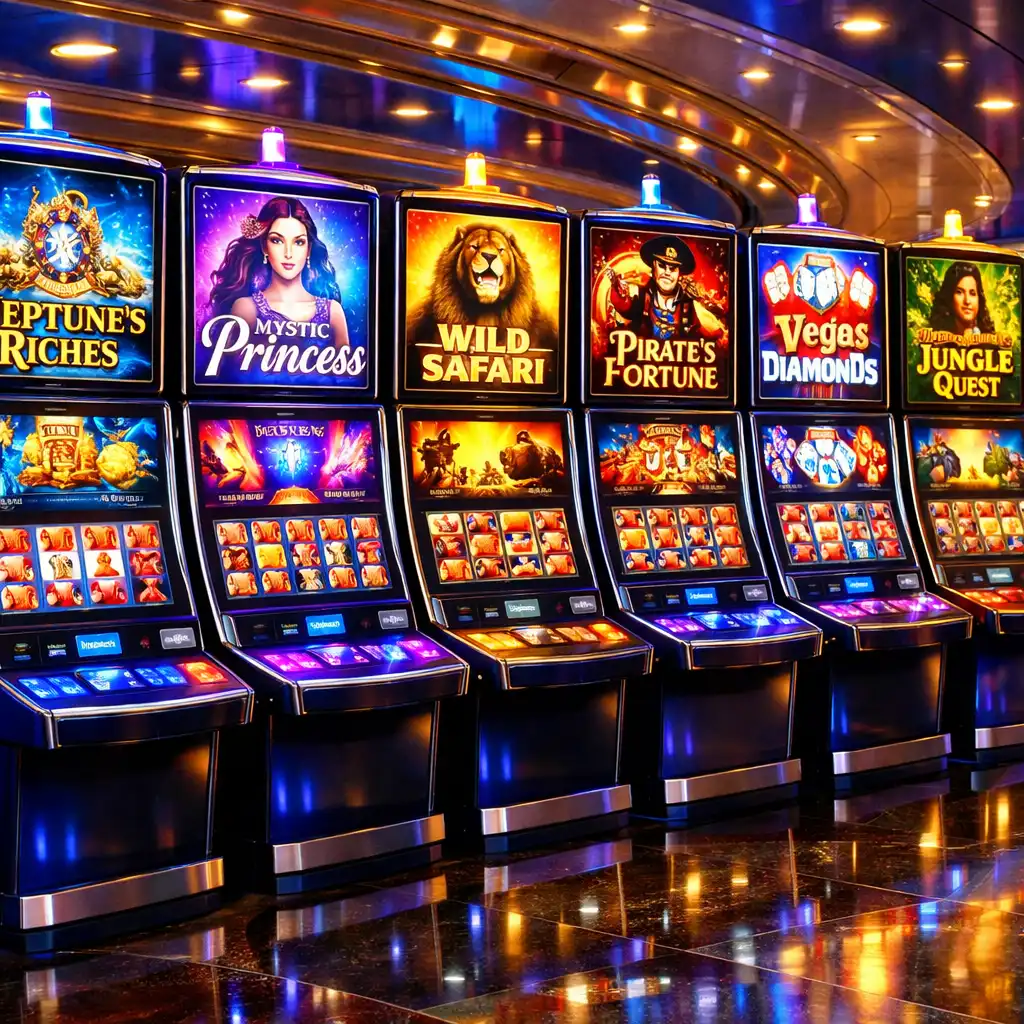 Row of modern slot machines with colorful screens and glowing buttons in a cruise ship casino