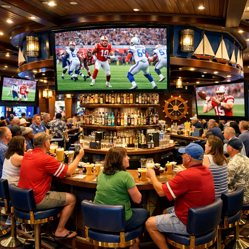 Lively sports bar with large screens, central bar, and nautical-themed decor