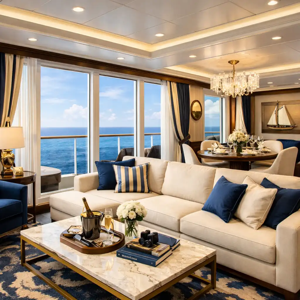 Expansive cruise ship suite living area with elegant furnishings and panoramic ocean views