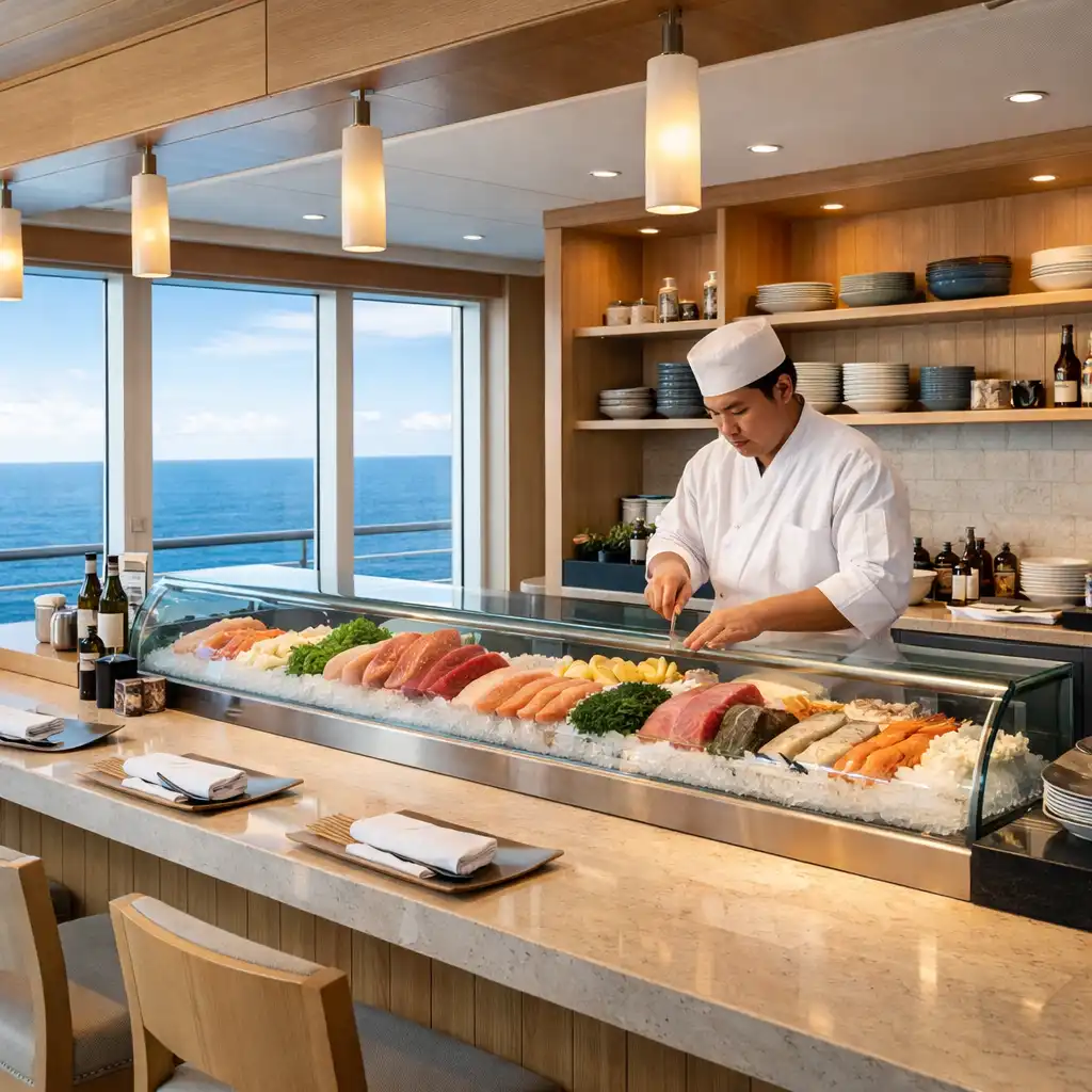 Sleek sushi bar with fresh sushi on display and ocean views