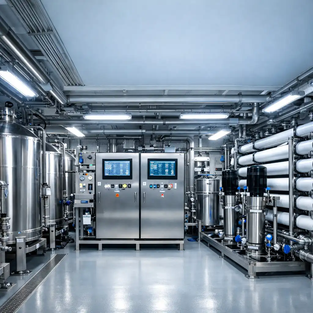 Interior view of a modern water treatment facility on a cruise ship with stainless steel tanks and control panels
