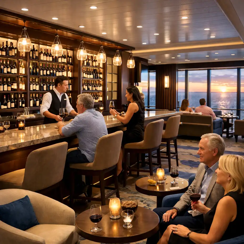Elegant wine bar with floor-to-ceiling windows, ocean views, and a long bar displaying wine bottles